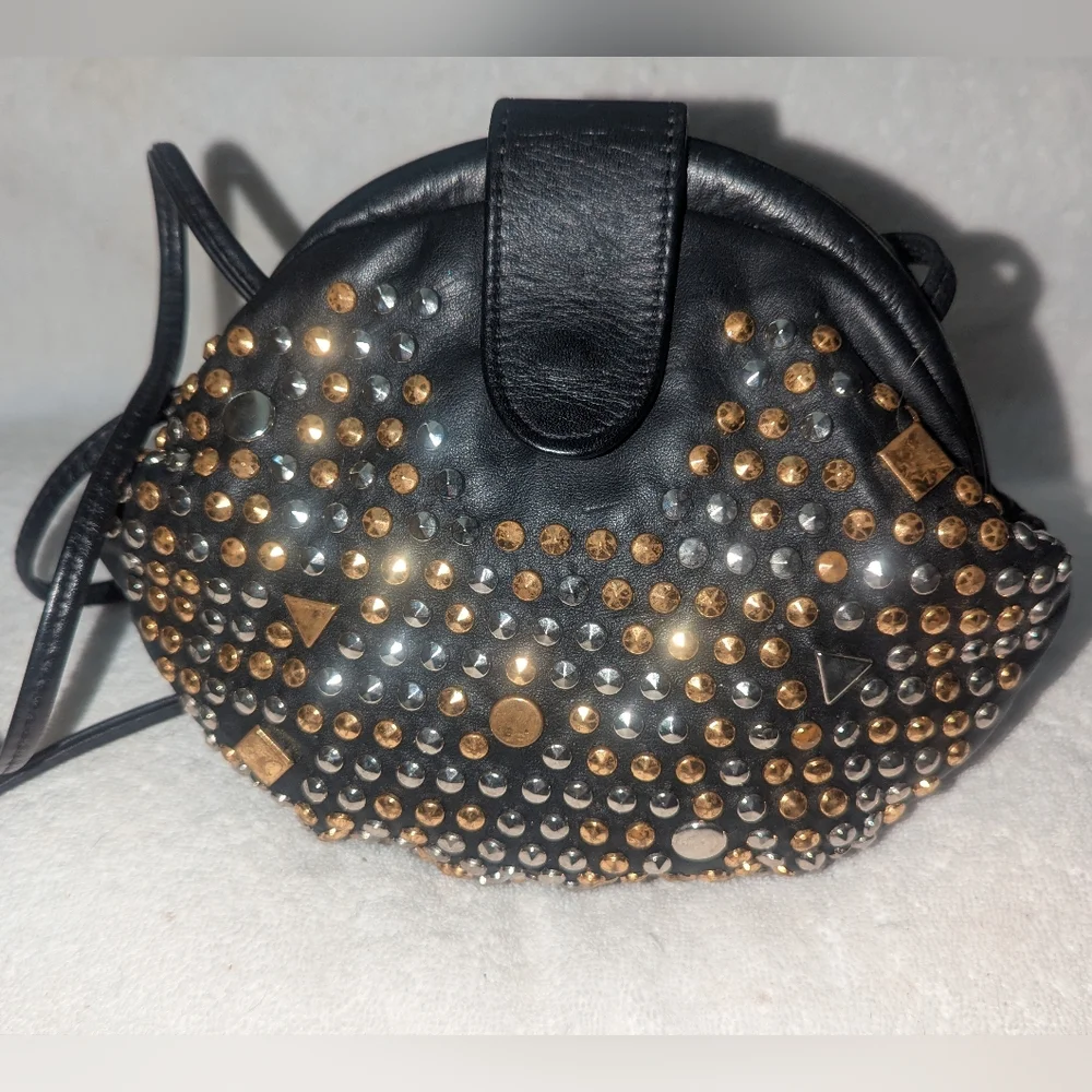 Atilla Vintage Black and Gold Studded Crossbody Bag with Leather Flap